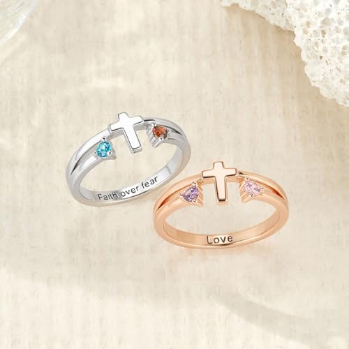 AILIN Personalized Cross Rings For Women Sterling Silver 925/Brass Custom Engraved Promise Rings With Two Birthstones Religious Christian Jewelry Birthday Gifts For Her Mother3