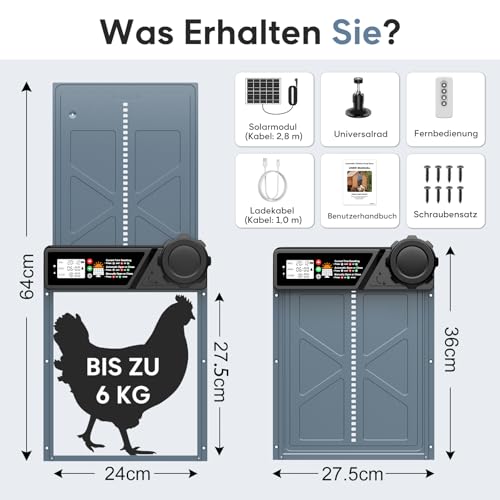 CHAMUTY Große Automatische Hühnerklappe Solar, Elektrische Hühnerklappe Automatisch mit Timer, 7W Solarpanel, LCD Display, Fernbedienung, Automatische Hühnerstalltür Hühnertür, Einklemmschutz