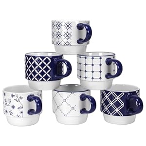 Schliersee Stackable Ceramic Coffee Mugs set of 6, 12Oz Geometric Floral Pattern Mug, Blue and White Porcelain Coffee Mug, Stacking Coffee Mugs, Tea Mug, Water Cup, Dishwasher Safe, Microwave Safe
