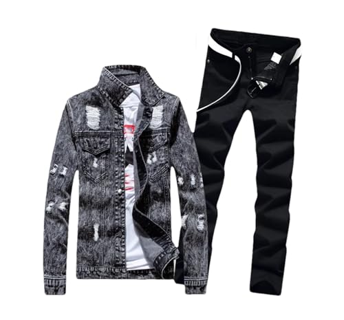 Generic Men's Spring 4 Pcs Set Denim Jacket Holes Single Breasted Coat Jeans Pants with Shirt & Belt Suit