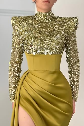 Sequin Sparkly Mermaid Prom Dresses Long Sleeve Satin High Neck Halter Evening Formal Party Gown with Slit 20244