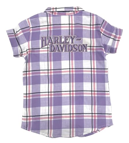 Harley-Davidson Big Girls' Bar & Shield Short Sleeve Plaid Shirt, Purple2