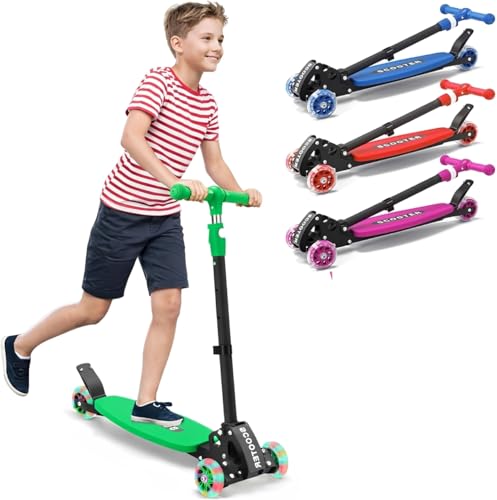 3 Wheel Kick Scooters for Kids 5-8 8-12 Easy Lean to Steer Light-Up Wheels Adjustable Handlebar (2733) Wide Anti-Slip Deck Foldable Scooter for Boys & Girls Ages 4+ (Green)