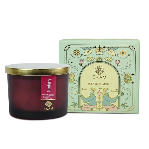 Image of EKAM 3 Wick Soy Wax Scented Candle | Cranberry Fragrance | 35 Hr Burn | Long Lasting Premium Jar Candle for Home Decor, Relaxation & Gifting