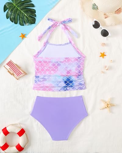 Image of Saeaby Toddler Little Girls Swimsuit Summer Halter Ruched Tankini 2 Piece Bathing Suit for Girl Beach Swimwear 3-8Y