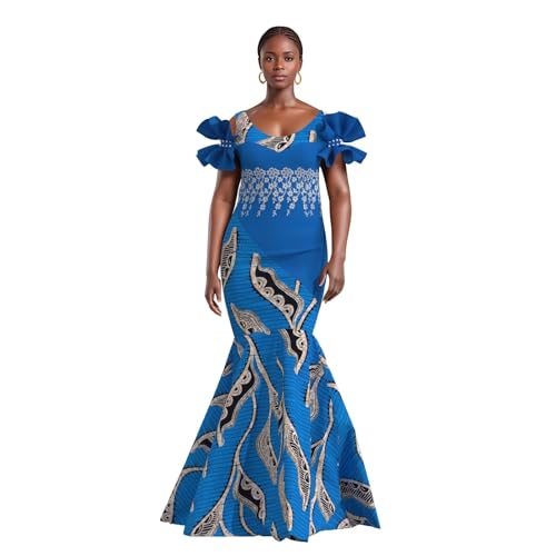 Image of iooiooi Womens Elegant Ankara Maxi Mermaid Dress Lace Decorated African Gowns