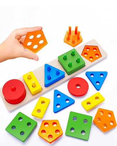 Montessori Toys For 1 2 3 4 Year Old Toddlers, Wooden Sorting & Stacking Toys (3 In 1 Multi_Play)For Toddlers Preschool,Color Recognition Shape Sorter Toy,Wooden Educational Toys,Puzzles For Kids. #TOP12