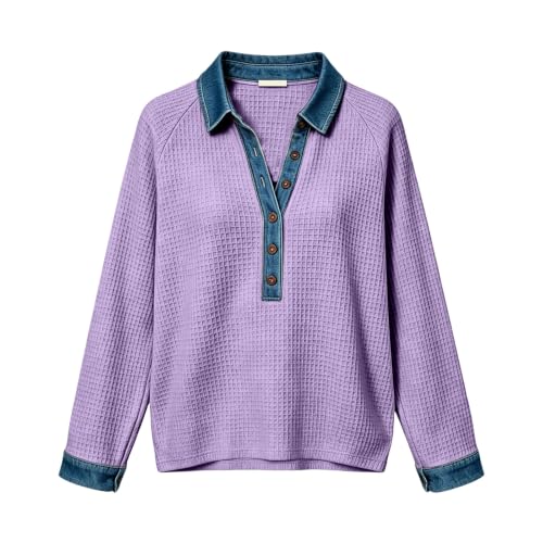 Waffle Knit Tops for Women Patchwork Sweater with Denim Collar - image 7