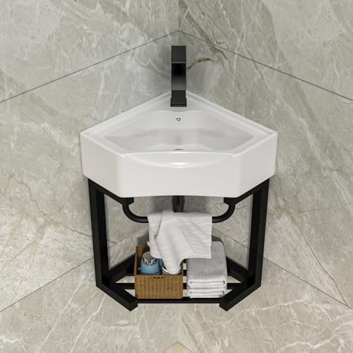 Lordear Corner Wall Mounted Bathroom Sink with Towel Rack – 14 9/16" x 14 9/16" Triangular Wall Hung Porcelain Vessel Sink for Small Bathrooms One Hole Vanity Sink for Corner Installation