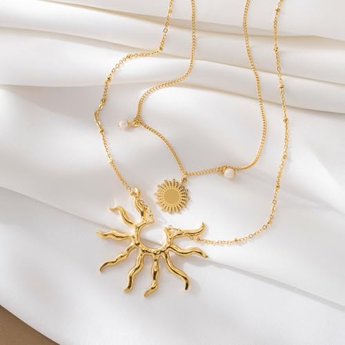 Gold Necklace for Women, Dainty 14K Gold Plated Layered Sun Pendant Necklace Gold Charm Chocker Jewelry Gift for Her3