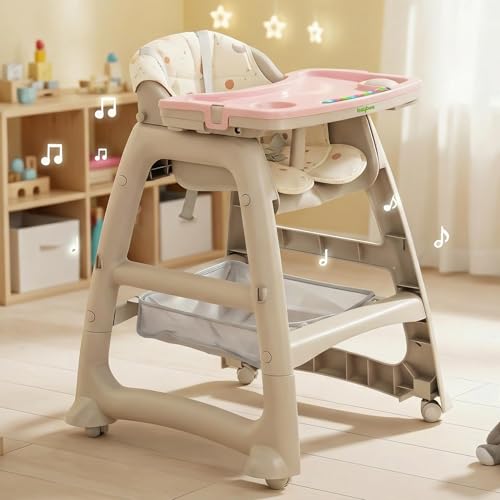 Image of Baybee Breeze High Chair for Kids with Musical Tray, Dual Removable Trays, Adjustable Feeding System, 5-Point Safety Belt, Storage Basket & Detachable Cushion for 6 Months to 3 Years (Beige & Pink)