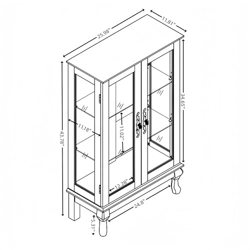 Image of 47 inch H Lighted Curio Cabinet Display Case, Glass Cabinet with Adjustable Shelves,Tempered Glass Door and Drawer, Wooden Curio Cabinet with Mirrored Back Pane for Living Room (Dark Oak)