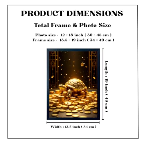 Image of ARTFUL TOY BOX - Golden Feng Shui Turtle Photo Frame Wall Art for Home Decor | Wealth, Stability & Protection Vastu & Feng Shui Wall Decor for Living Room & Office | HD Glossy Print | Premium Fiber Black Frame - 12x18 Inch (30x45 cm) (Design 2)