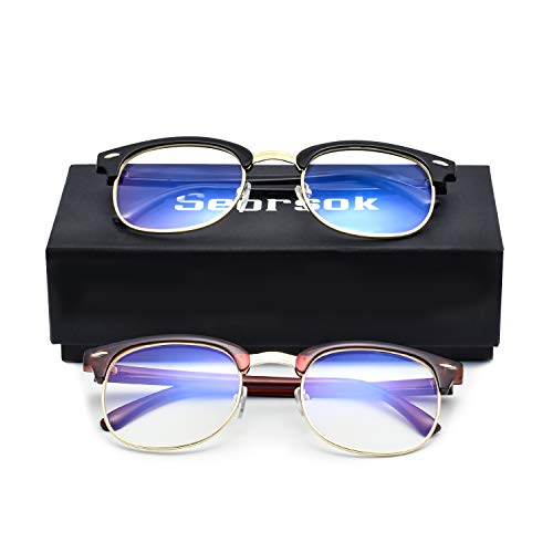 Seorsok Blue Light Blocking Glasses For Women Men Retro Semi Rimless Clear Lens,Anti Eyestrain Sleep Better-2 Pack:Black-Golden + Brown-Golden