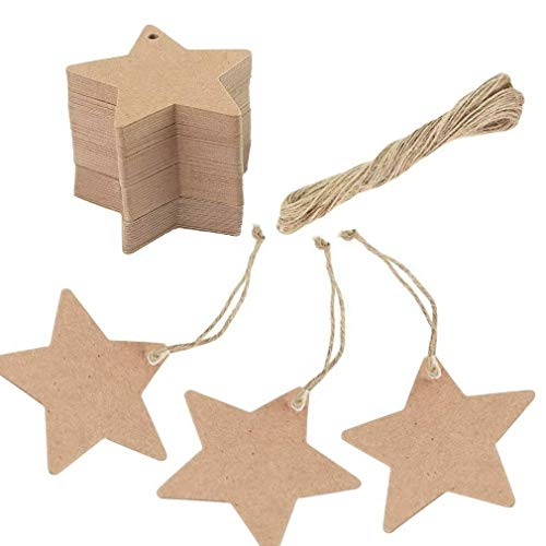 JZK 100x Targhette regalo marrone Carta Kraft Stella Etichetta grazie + 20m spago Corda Juta, cartellini cartoncini Stella per bomboniere per Matrimonio Compleanno Battesimo Festa