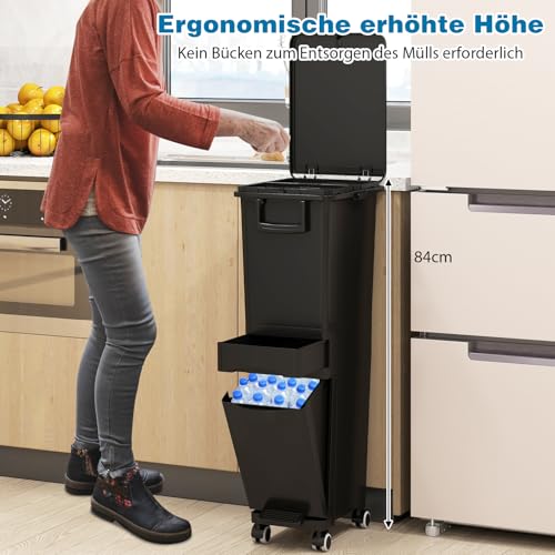 COSTWAY kosz na śmieci 3 komory, 32L kosz na odpady z przechylanym pojemnikiem, szufladą i naklejką, kosz na śmieci na rolkach, 3 w 1 system segregacji śmieci z uchwytem i haczykami do kuchni, salonu