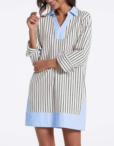 Image of Kedera Women's Summer Striped Dress Long Sleeve V Neck Collared Shirt Mini Dresses 2025 Trendy with Side Slit