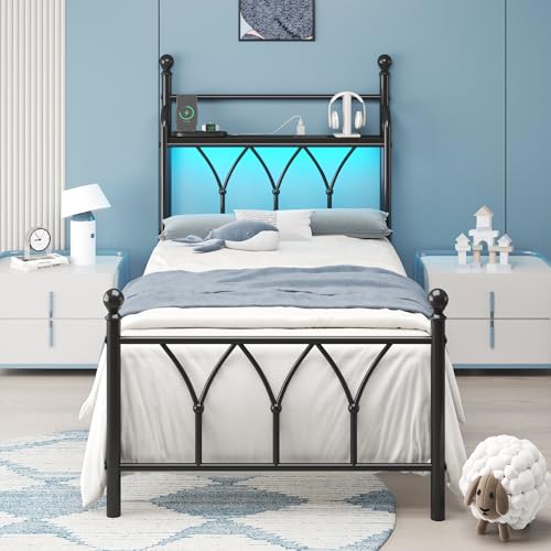 Twin Size Metal Bed Frame, Classic Victorian Iron-Art Headboard, Black