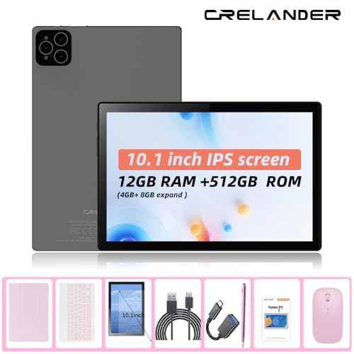 Image of Crelander 10.1 Inch Android 13 Tablet with SIM Card Slot 4G LTE Calling,12GB+512GB, 8000mAh Battery, Dual Camera, Bluetooth /WiFi, Bundle with Case, Keyboard, Mouse & Stylus (Pink)