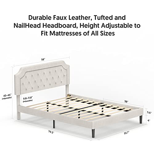 Bonsoir Full Size Bed Frame Upholstered Low Profile Traditional Platform With Tufted And Nail Headboard/No Box Spring Needed/No Bed Skirt Needed/Linen Fabric Upholstery/Color Of Sand (Sand, Full Size) #TOP2