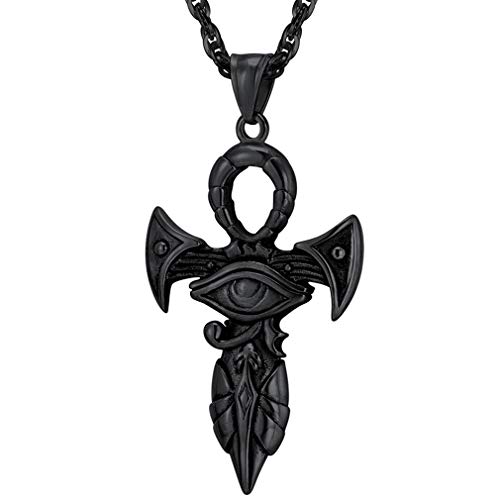 PROSTEEL Eye of Horus Necklace Ankh Pendant Ancient Egyptian Protection Spiritual Ethnic Women Men Jewelry Gift Gothic Eye of Ra Cross Black Necklace
