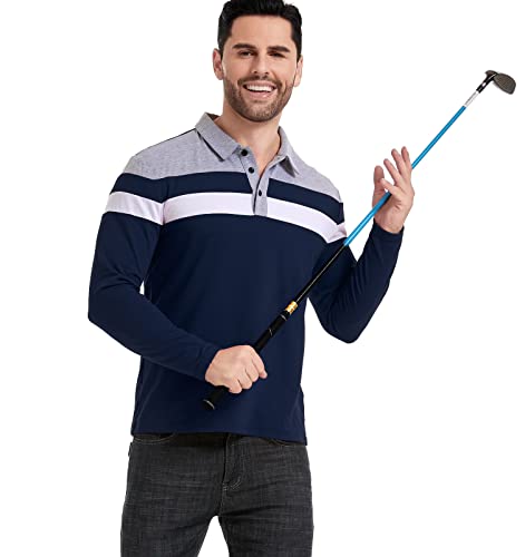 Mansdour Men's Polo Shirts Casual Long Sleeve Polo Shirt For Men Slim Fit Cotton Work Shirts Fashion Patchwork Collared Golf Shirts Lightweight Button Down Rugby Sports Tennis Pullover Tops #TOP3