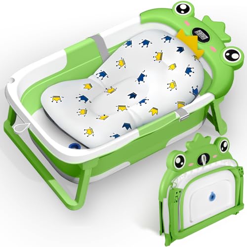 TEBOKHAD Bañera Plegable Bebé, Bañera Bebe Con Cojín Y Termómetro, Bañera Bebe Portátil, Reductor Banheira Bebe, Bañeras Para Bebes Para Recién Nacidos Y Bebés De 0 a 36 Meses (Verde A)