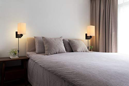 Koonting® Plug In Wall Sconce Set Of 2, Rustic Wall Lamp With Plug-In Cord And On/Off Toggle Switch, Beige Fabric Shade Wall Light Fixture For Headboard Bedroom Living Room Hallway #TOP2