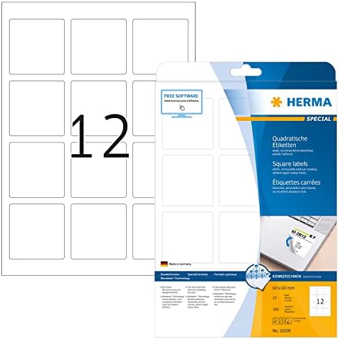 HERMA Self Adhesive Removable Multi-Purpose Labels, 12 Labels Per A4 Sheet, 300 Labels for Printers, Square, 60 x 60 mm (10109)