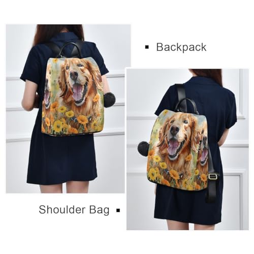 Image of ALAZA Cute Golden Retriever in Flower Field Trips Hiking Camping Rucksack Pack for Women