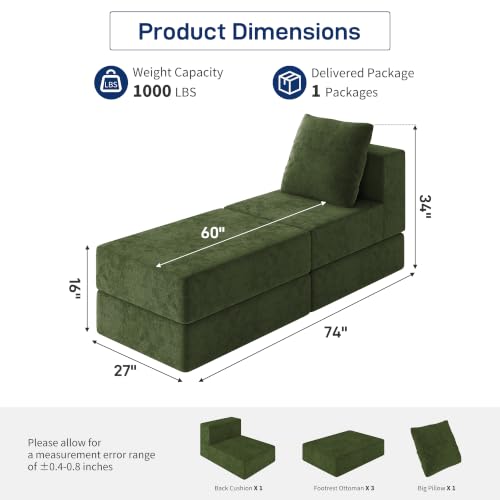 Image of Living&Giving Cloud Sectional Couch for Living Room, Modular Boneless Couch with 1 Ottoman, Middle-seat Can Be Combined with Modular Sofa, Customizable Layout for Any Space, Green