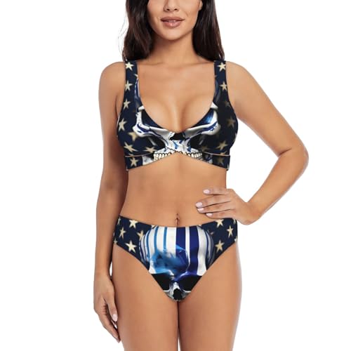 Maillot de bain 2 pièces femme imprimé tête de mort rayures bleues bikini