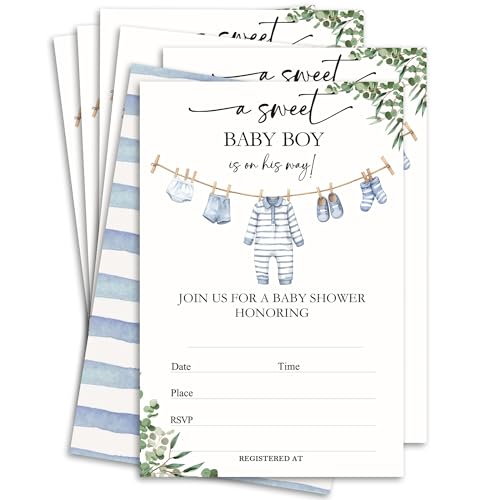 Vodbok 25 Sets Baby Shower Invitations 4x6 Double-Sided Baby Shower Invites For Boy Greenery Invitation Cards With Envelopes Baby Announcement Gender Reveal Party Decorations & Supplies-A01