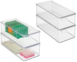 mDesign Set of 4 Storage Boxes with Hinged Lid  Plastic Office Storage Solution for Pens, Paper, Notepads and More  Stackable Storage Container Set  Clear