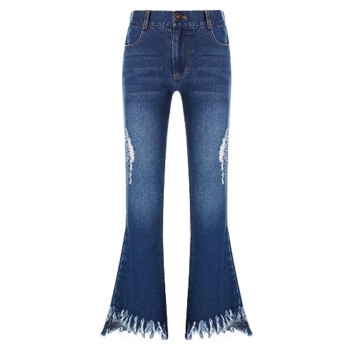 iiniim Kids Girls Casual Elastic Waist Bell Bottom Denim Pants Washed Ripped Skinny Flare Jeans Daily Wear