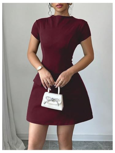 Women's Short Sleeve Mock Neck A Line Dress Zipper Slim Fit Formal Work Mini Dresses with Pocket3