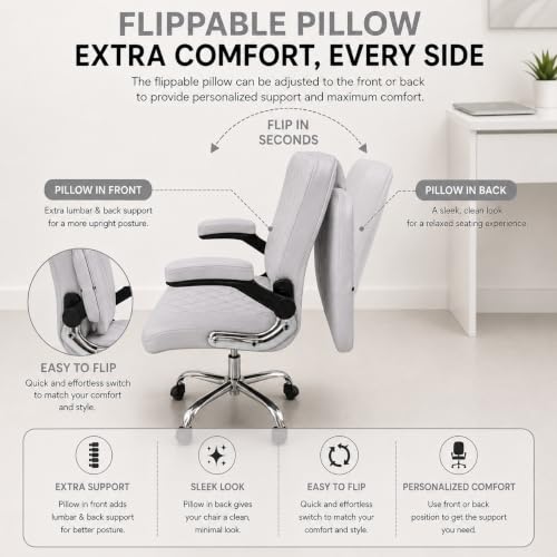 Image of Furnitures Flip Executive Office Chair with Flippable Pillow | Ergonomic Leatherette Computer Chair | Height Adjustable Revolving Chair with Chrome Base |, Grey