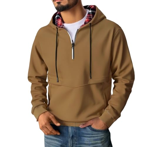 Men's Oversized Quarter Zip Hoodie Plaid Collar Fleece Lined Sweatshirt Workout Long Sleeve Top