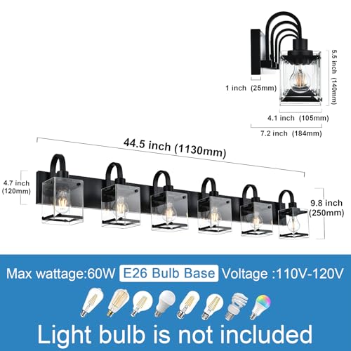 Image of 6 Light Bathroom Vanity Lights Fixtures, Black Bathroom Wall Lights Modern Bath Wall Mounted Lights with Clear Glass Shade Wall Light for Mirror Bed Hallway (E26 Base)