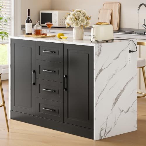 ONBRILL Kitchen Island with 2 Storage Cabinets & 4 Drawers, Black+White
