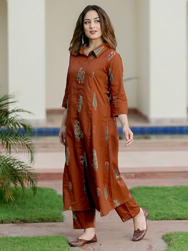 Image of Arayna Women's Pure Cotton Printed A-Line Kurta Set with Pants | Button-Down Collar Kurta