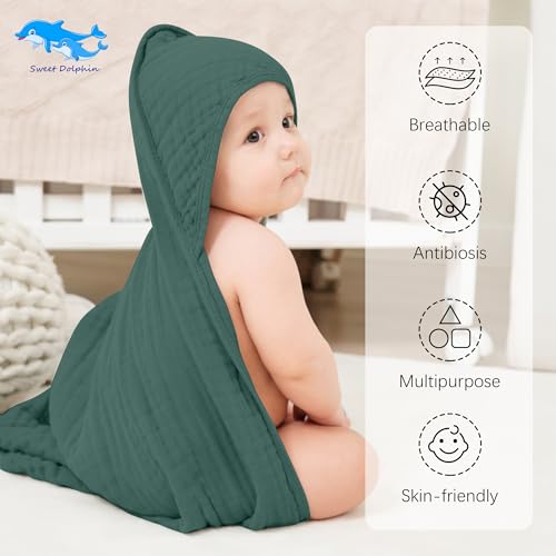 Image of SWEET DOLPHIN Muslin Hooded Baby Bath Towels - 2 Pack 100% Cotton Towel for Babies, Infants, Toddlers - 32x32Inch - Highly Absorbent and Newborn Essential, Deep Emerald