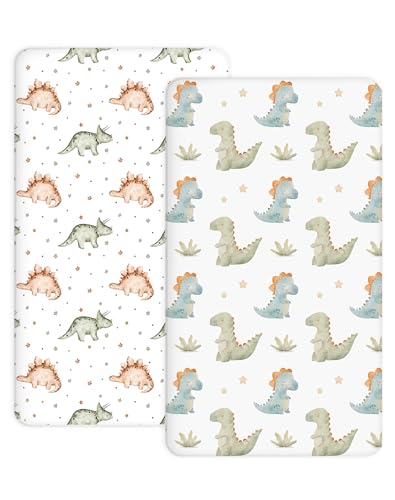 Image of Pack and Play Sheets 2 Pack, Fitted Jersey Knit Mini Crib Sheets for Baby Boys and Girls, Compatible with Graco Pack N Play and Mini Crib Mattress (Tiny Dinos, Pack N Play /Mini Crib Sheets)