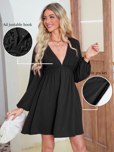BerryGo Women's Casual Long Sleeve Babydoll Flowy Dress V Neck Swing Party Mini Dress with Pocket for Summer Beach 20253