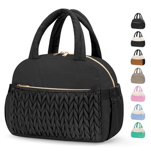 Coobiiya Quilted Puffer Insulated Lunch Bag Women Men, Cute Cotton-Like Taslan Lunch Box for Women Men, Thermal Waterproof Cooler Bag Large Capacity for Work Picnic Travel（Black）