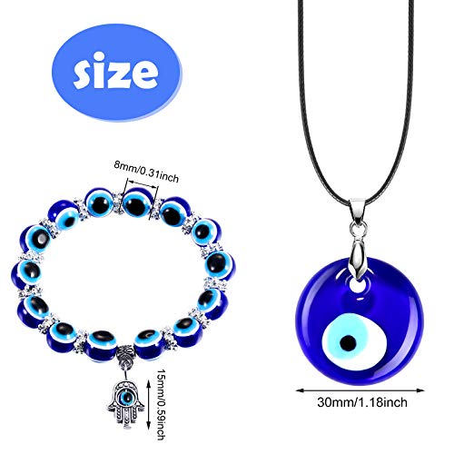Hicarer 12 Pieces Evil Eye Necklace Bracelet Set Include 6 Evil Eye Necklace Blue Turkish Glass Leather Rope and 6 Hamsa Blue Beaded Charm Bracelet for Women Men3