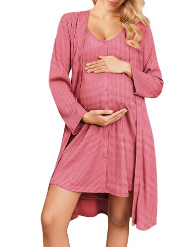 Image of Ekouaer Maternity Nursing Gown and Robe Set 2 Piece Waffle Breastfeeding Nightgown 3 in 1 Labor and Delivery Hospital Gown