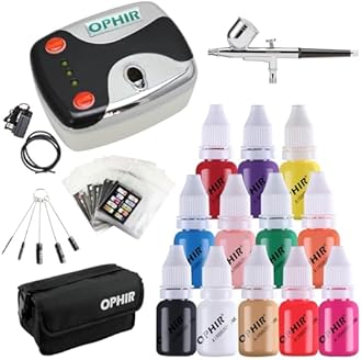 OPHIR Nail Airbrush Kit, 0.3mm Air Brush for Nails, Nail Airbrush Machine with 12x Nail Air Brush Paint, Airbrush Stencils Nail Stickers for Nail Art, Portable Bag & Airbrush Cleaning Brush Set, Black