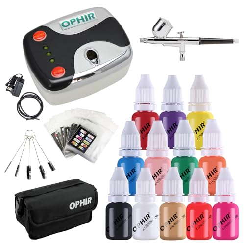 OPHIR Nail Airbrush Kit, 0.3mm Air Brush for Nails, Nail Airbrush Machine with 12x Nail Air Brush Paint, Airbrush Stencils Nail Stickers for Nail Art, Portable Bag & Airbrush Cleaning Brush Set, Black