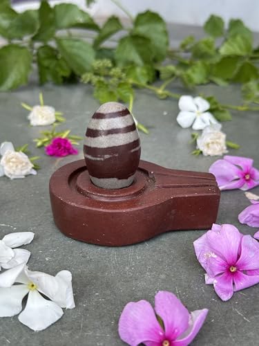 Image of Shivam VASTU AKAL 1.5 inch Original Narmadeshwar Narmada Shivling with 3 inch Narmada Stone Yoni Base Jaladhari (Janeudhari Shivling, Brown Flate Jaladhari)
